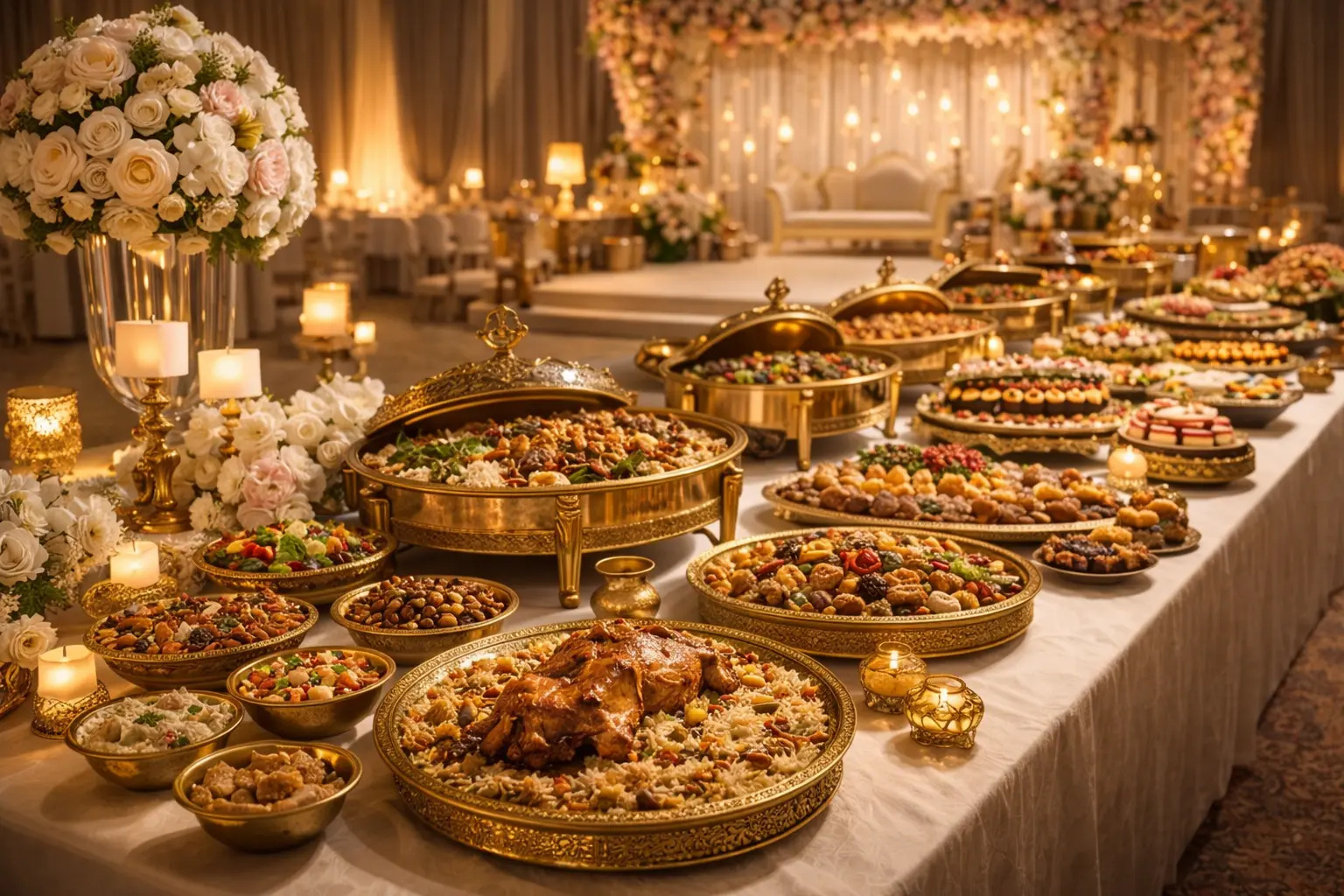Elegant wedding buffet setup with Iraqi and Arabic delicacies in Bahrain